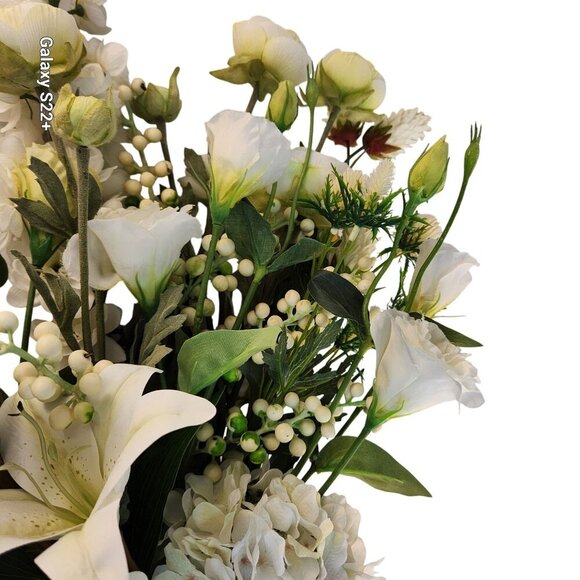 Artificial White Floral Bouquet W/ Lilies Roses & Hydrangeas - 13 Stems Realisti - Picture 8 of 14